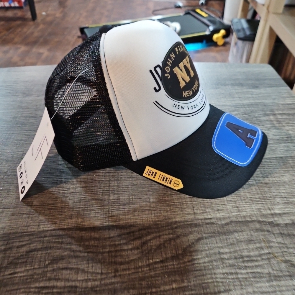 John Finn NY Trucker Cap in Black & White with Blue Patch